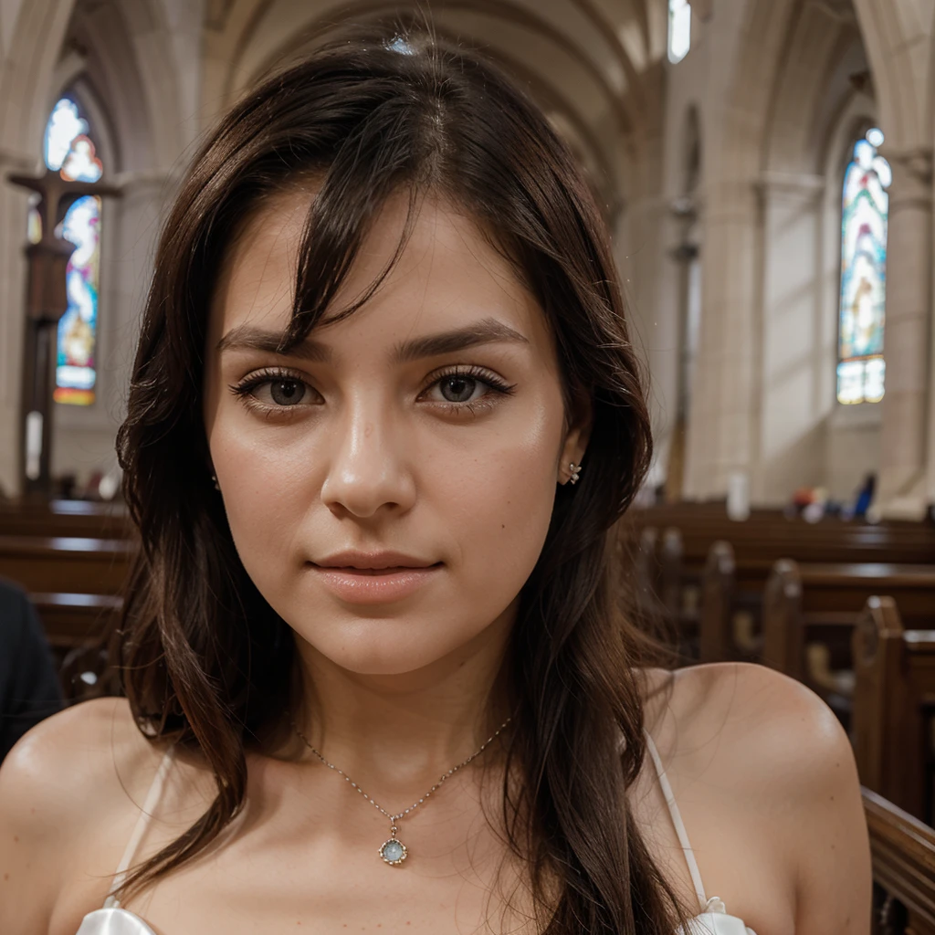 1girl in, 30 years old, Square face, Long hair, Looking at viewer, jewelry, Reality, Sexy, bridal page, church background, free pose