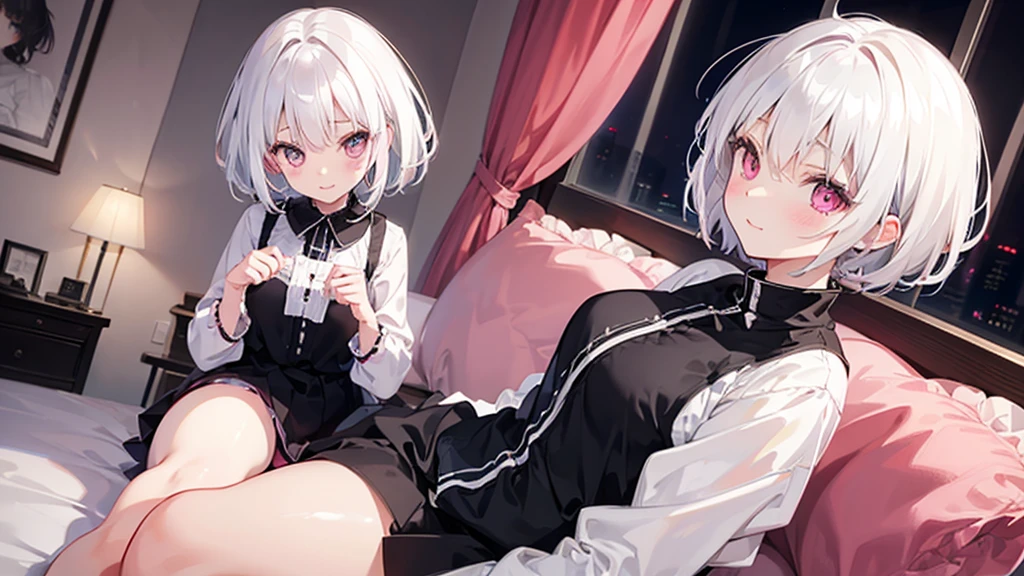 White Hair Girl、Pink Eyes、Short Hair、Only one girl、Night、In the bedroom、Blushing、laughing、Excited、Just One