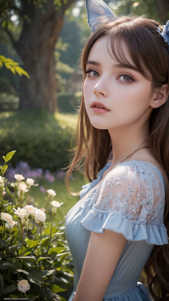 a beautiful girl in the wonderful world of alice, 1girl, beautiful detailed eyes, beautiful detailed lips, extremely detailed face and features, long eyelashes, alice in wonderland, castle background, fantasy, surreal, dreamlike, (best quality,4k,8k,highres,masterpiece:1.2),ultra-detailed,(realistic,photorealistic,photo-realistic:1.37),vibrant colors,cinematic lighting,intricate details,whimsical,magical,ethereal