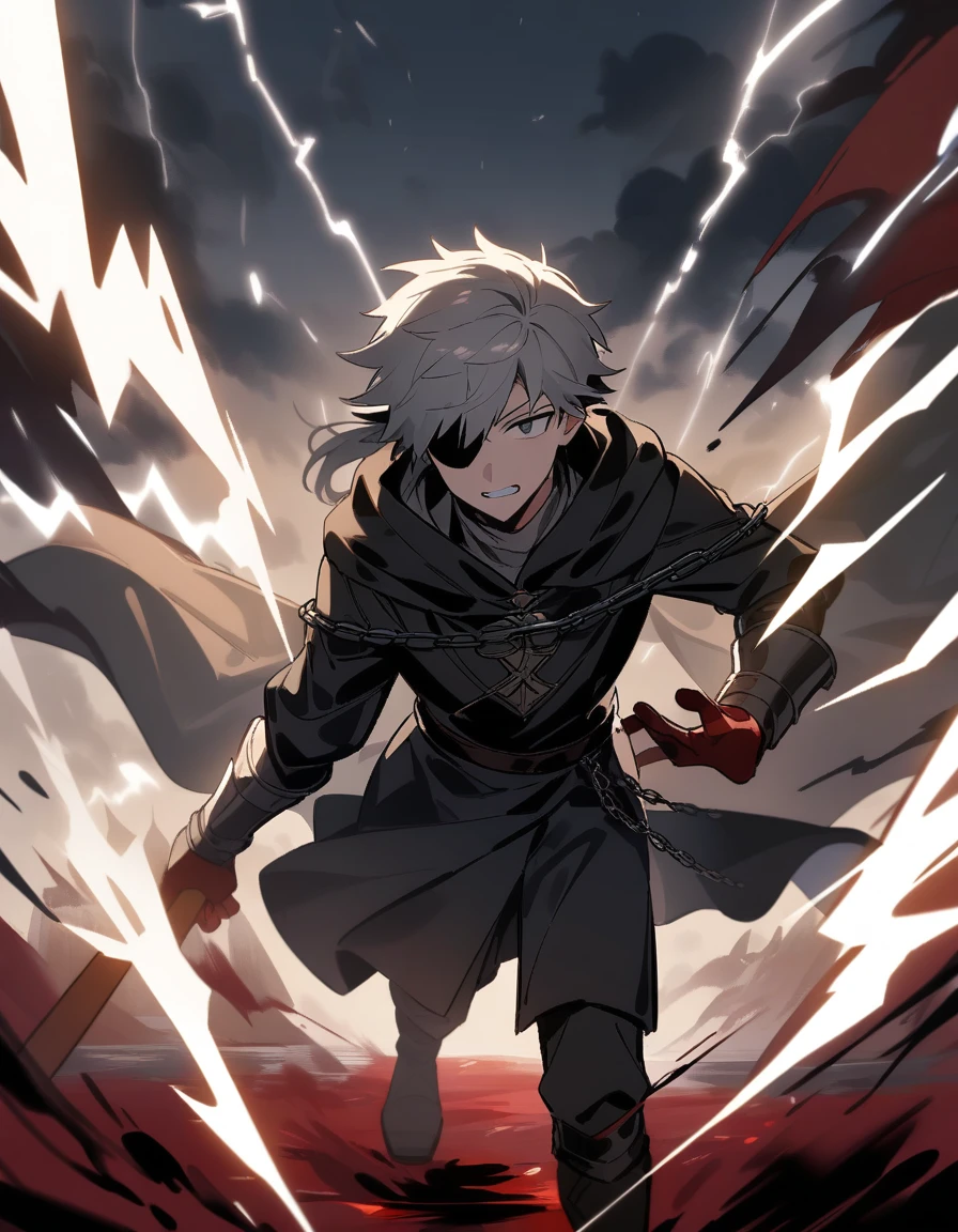 Anime character, a man, medieval era. Young man, 20 years old, large body, cold gaze, white teeth, messy short gray hair, ponytail, left eye patch, black clothes, dark cape with hood, chains. front camera, walking forward in a sea of ​​blood. White lightning in the right hand, black lightning in the left hand. Right eye shining in a white ray. Thunderous lightning