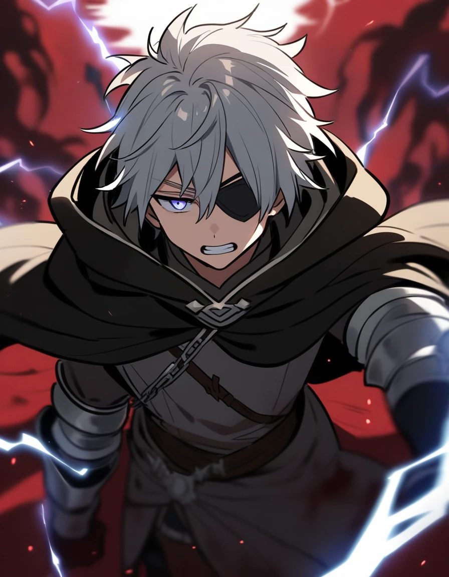 Anime character, a man, medieval era. Young man, 20 years old, large body, cold gaze, white teeth, messy short gray hair, ponytail, left eye patch, black clothes, dark cape with hood, chains. front camera, walking forward in a sea of blood. White lightning in the right hand, black lightning in the left hand. Right eye shining in a white ray. Thunderous lightning