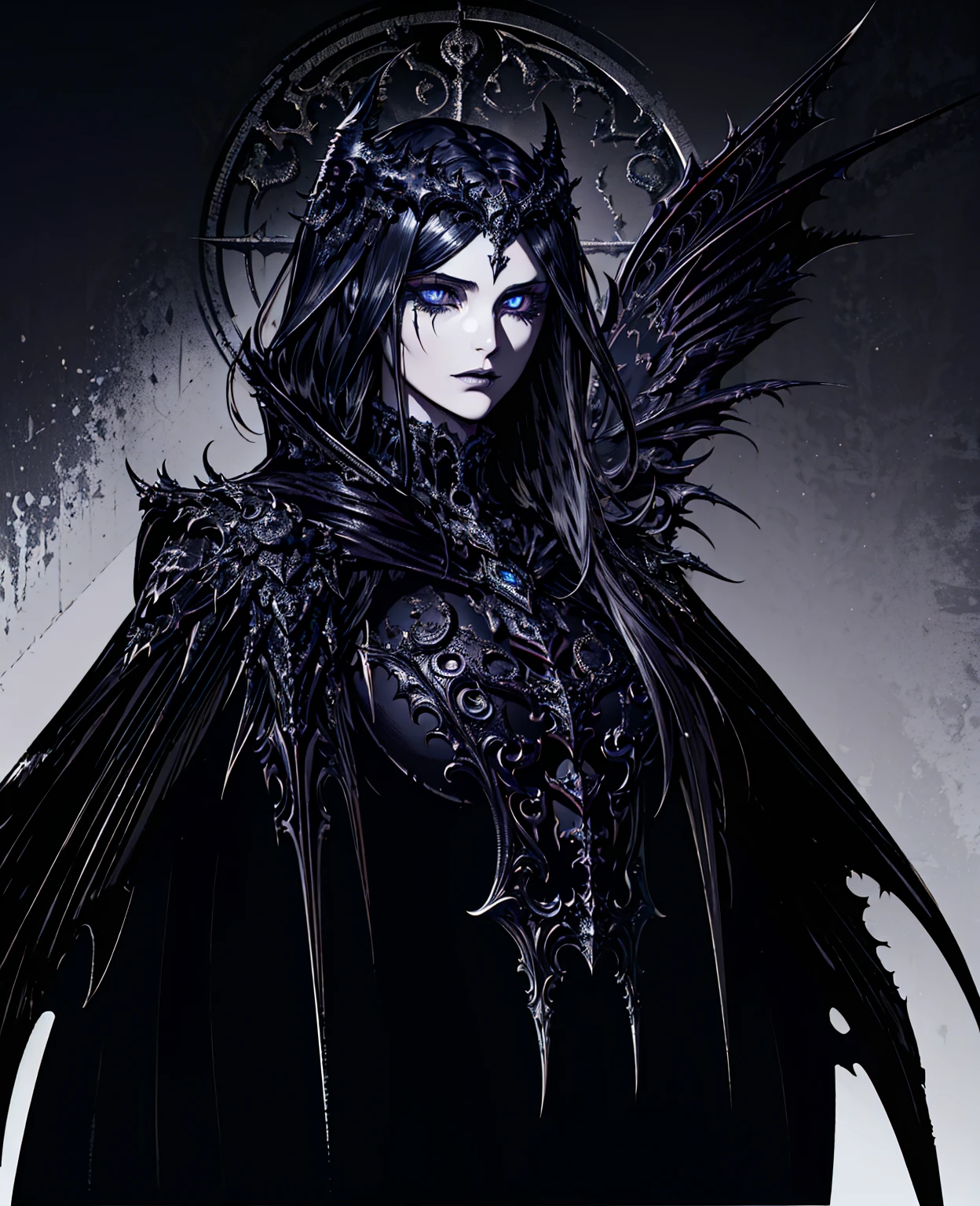 1girl, intricate iron raven emblem, detailed wings, dark gothic style, dramatic lighting, moody atmosphere, cinematic composition, metallic texture, dark colors, rich details, beautiful detailed eyes, beautiful detailed lips, extremely detailed face, highly detailed