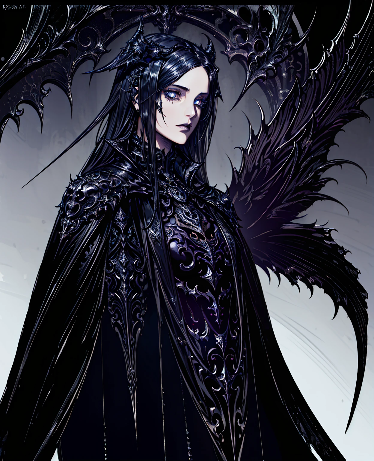 1girl, intricate iron raven emblem, detailed wings, dark gothic style, dramatic lighting, moody atmosphere, cinematic composition, metallic texture, dark colors, rich details, beautiful detailed eyes, beautiful detailed lips, extremely detailed face, highly detailed