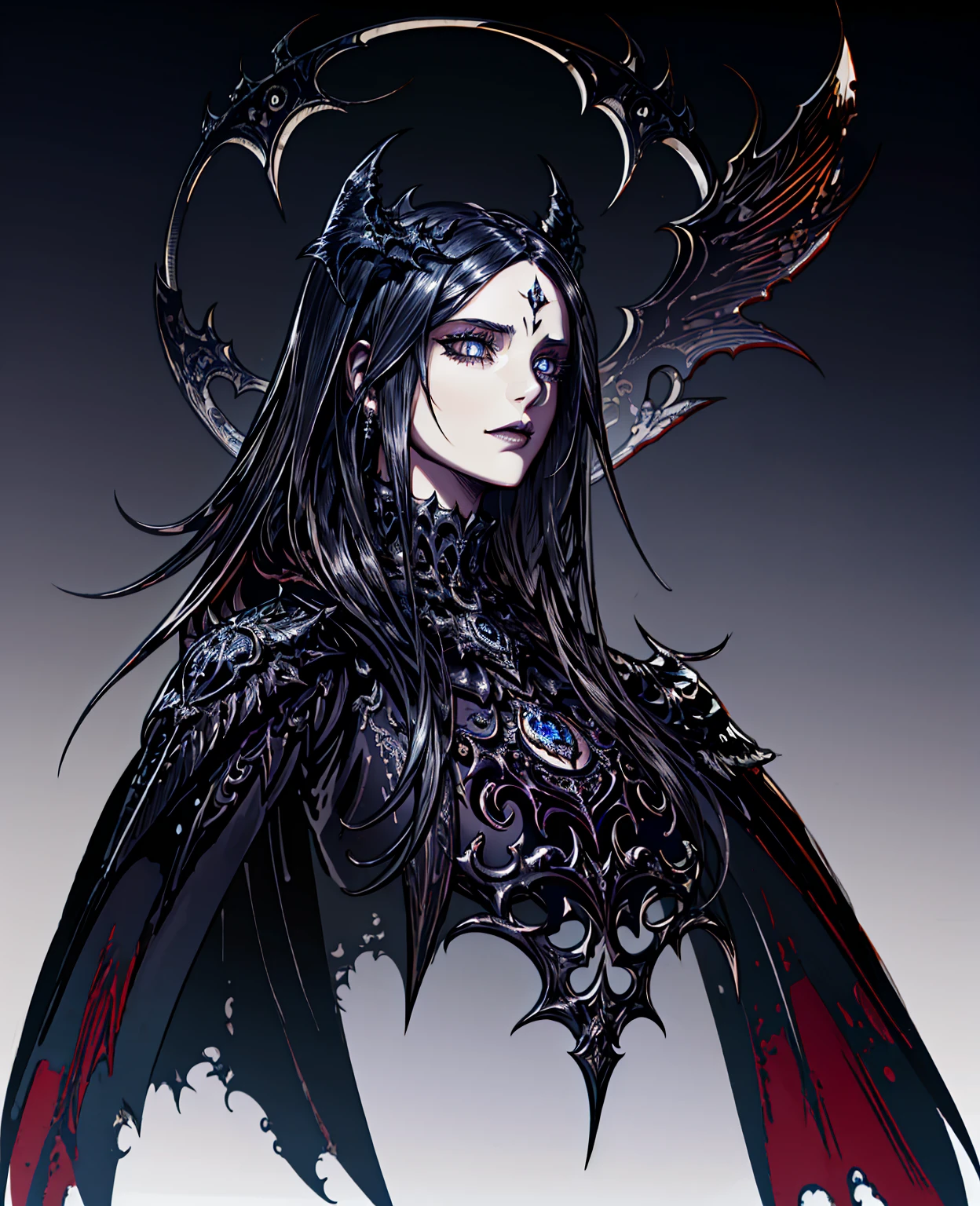 1girl, intricate iron raven emblem, detailed wings, dark gothic style, dramatic lighting, moody atmosphere, cinematic composition, metallic texture, dark colors, rich details, beautiful detailed eyes, beautiful detailed lips, extremely detailed face, highly detailed