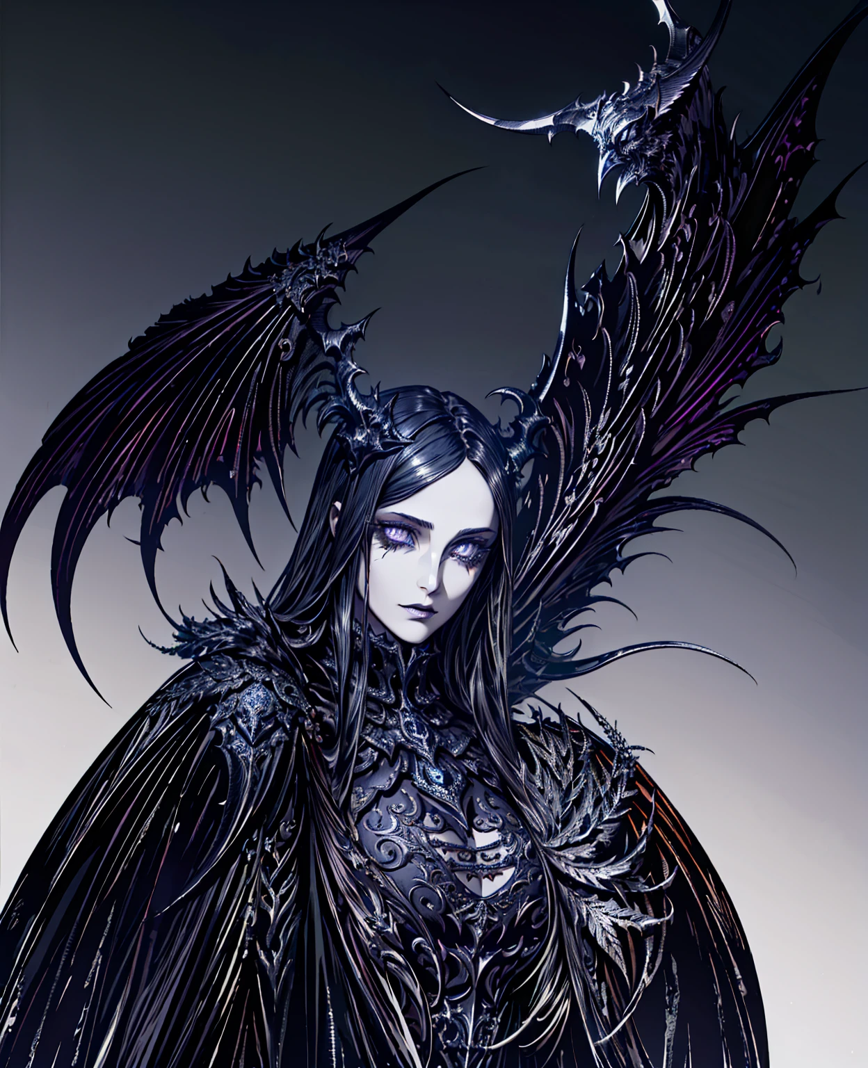 1girl, intricate iron raven emblem, detailed wings, dark gothic style, dramatic lighting, moody atmosphere, cinematic composition, metallic texture, dark colors, rich details, beautiful detailed eyes, beautiful detailed lips, extremely detailed face, highly detailed