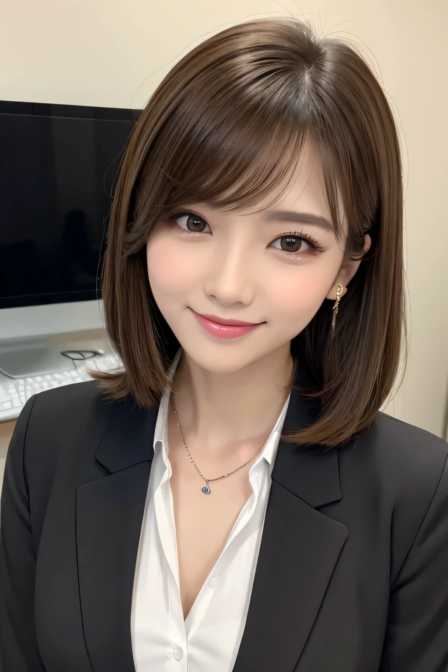 Beautiful young woman、 Light brown hair、hairstyle semi long、Work in front of the computer、Necklace around the neck、Office Lady Suits、Jacket、Unbuttoned shirt、Flashy makeup、smile、Beautiful teeth alignment、short hair、Intricate details, Very detailed:1.2), 、 Looking into the camera,The background is the office、Necklace around the neck、Dark eyeliner、ear piercing

