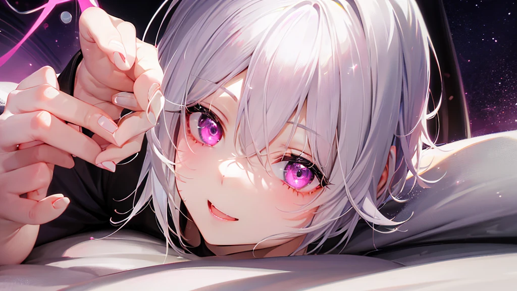 White Hair、Pink Eyes、Short Hair、laughing、Only one girl、alone、Cute、Face is close、Night、Lying in bed