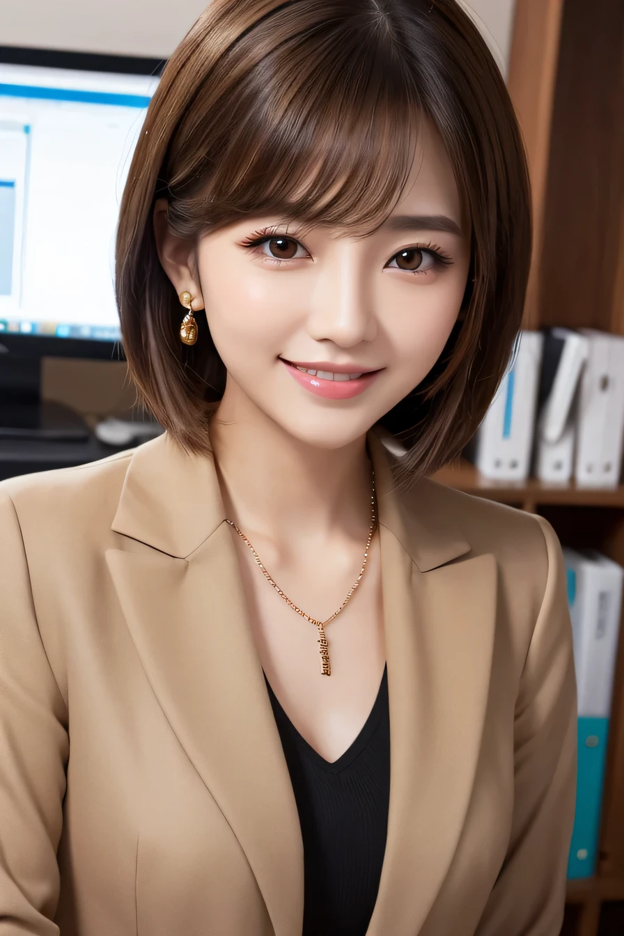 Beautiful young woman、 Light brown hair、hairstyle semi long、Work in front of the computer、Necklace around the neck、Office Lady Suits、Jacket、Unbuttoned shirt、Flashy makeup、smile、Beautiful teeth alignment、short hair、Intricate details, Very detailed:1.2), 、 Looking into the camera,The background is the office、Necklace around the neck、Dark eyeliner、ear piercing