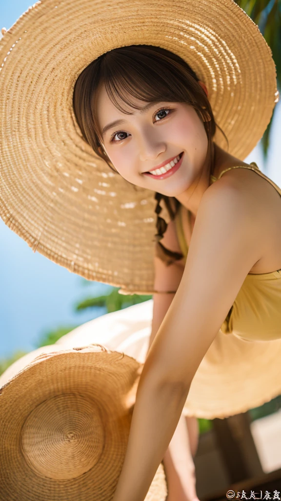 best quality ,masterpiece,ultra high res, very beautiful, kawaii, (photo realistic:1.4), 1girl, Japanese, brown hair, Cinematic, 35mm lens, f/ 1. 8, accent lighting, 8k, sundress, straw hat, Beach Resort, smile, from below, clear sky