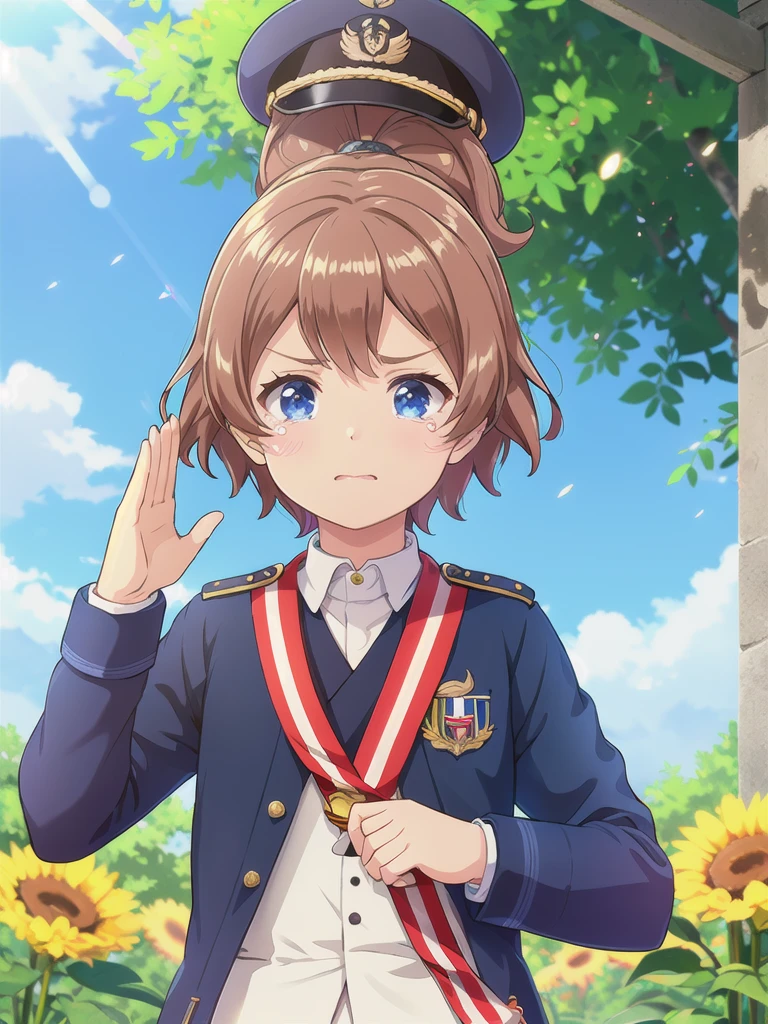 Highest quality,masterpiece,,serious,(Close your mouth),blue eyes,Outdoor,Grave,Graveの前,Are standing,Lens flare,Flower storm,Upper Body, 顔 focus,Brown Hair, short hair, Navy uniform,, (Raise one hand,45 degree salute),Medal on chest,Navy uniform cap,tears ,