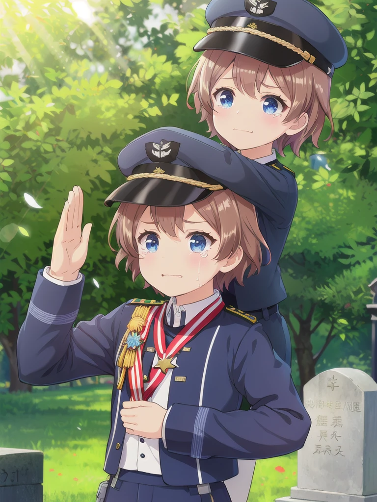 Highest quality,masterpiece,12 years old,serious,(Close your mouth),blue eyes,Outdoor,Grave,Graveの前,Are standing,Lens flare,Flower storm,Upper Body, 顔 focus,Brown Hair, short hair, Navy uniform,, (Raise one hand,45 degree salute),Medal on chest,Navy uniform cap,tears ,