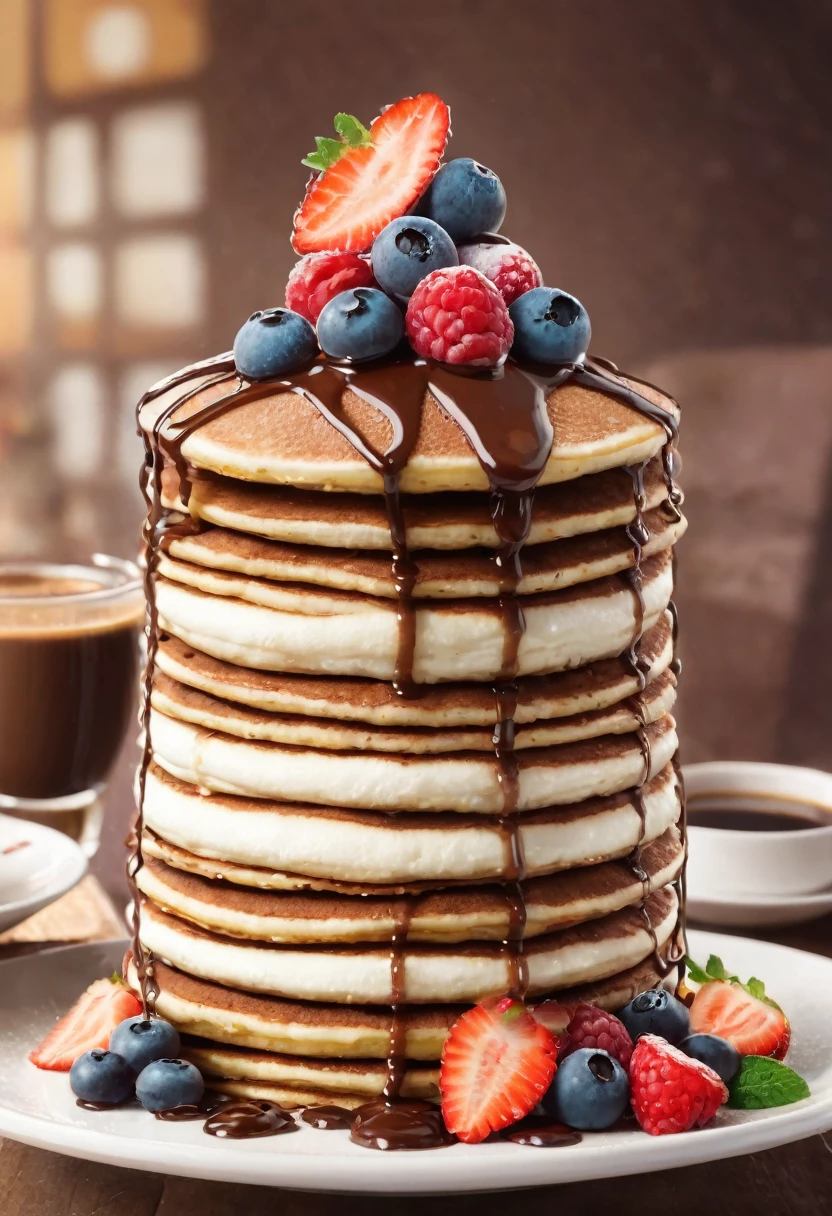 BREAK Perfect Anatomy、Highest quality、(cute:1.1)、(cute)、(High resolution:1.2)、Unbelievably absurd:1.3、Incredible illustrations、(cuteイラスト:1.2)、(Beautiful background、Coffee shop)Cocoa Pancake Tower
