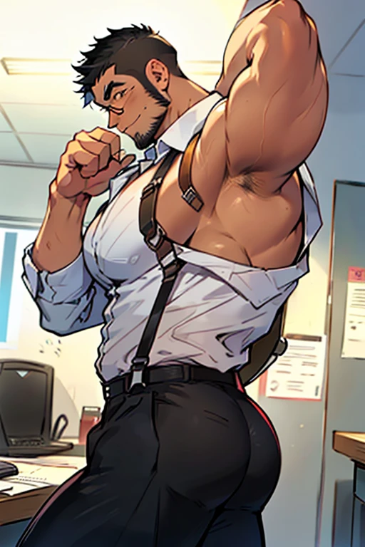 4k, masterpiece, high resolution:1.2, 1 man, solo, bara, muscular, big physique, bad boy sriper , crew cut hair, facial hair, chest, wide shoulder, biceps, thighs, triceps, butt, black hair, cute smile, friendly, standing in an office, wearing formal trousers, wearing formal stripes pattern office shirt, wearing glasses, upstairs office in the background, ultra detailed, shredded muscle, flat style (((wearing harness))) (((view from the side, thick huge ass)))