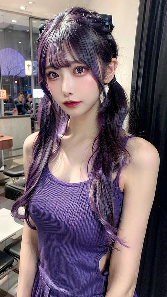 Sheer tank top、Reduce milk、pantyhose/stockings、Transparent nipples with a sheer look、Sheer underwear、Leaning forward、Ocean、Purple Hair