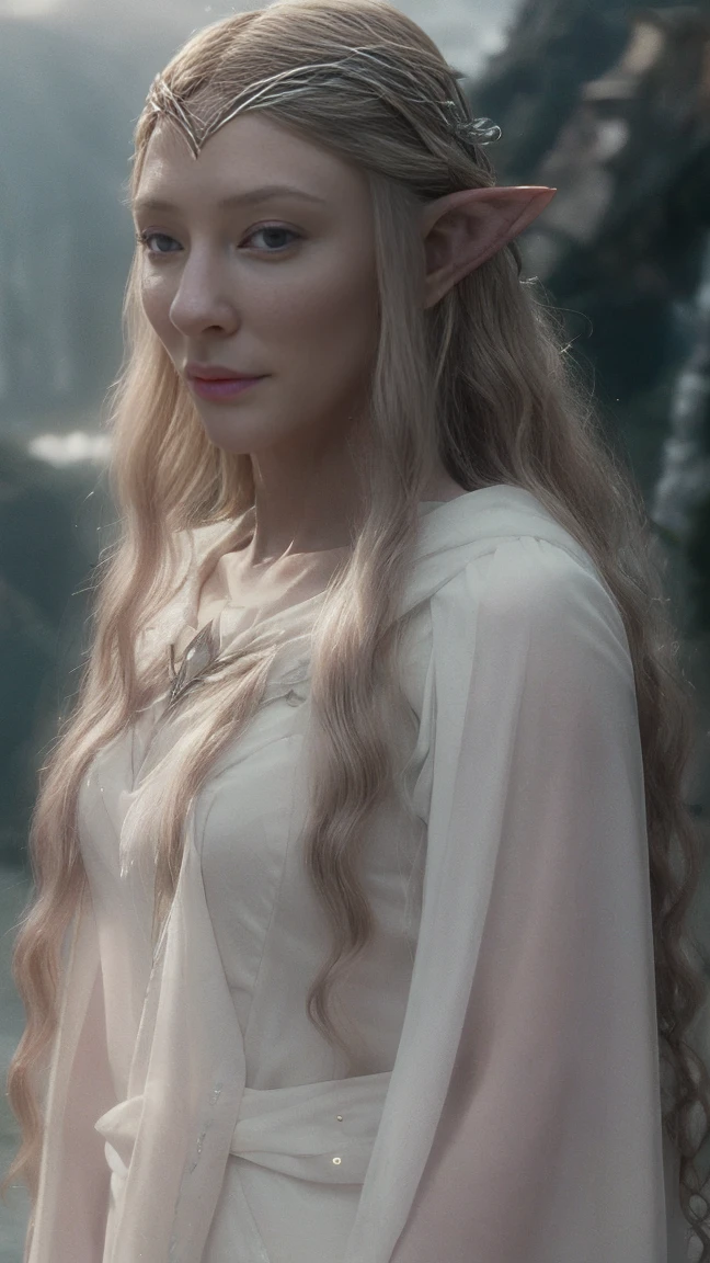 Galadriel elf, white wavy very long hair, cinematic, with Rivendale in the background