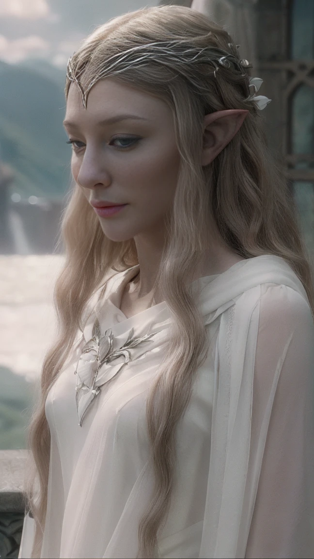 Galadriel elf, white wavy very long hair, cinematic, with Rivendale in the background