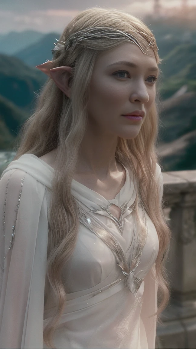 Galadriel elf, white wavy very long hair, cinematic, with Rivendale in the background