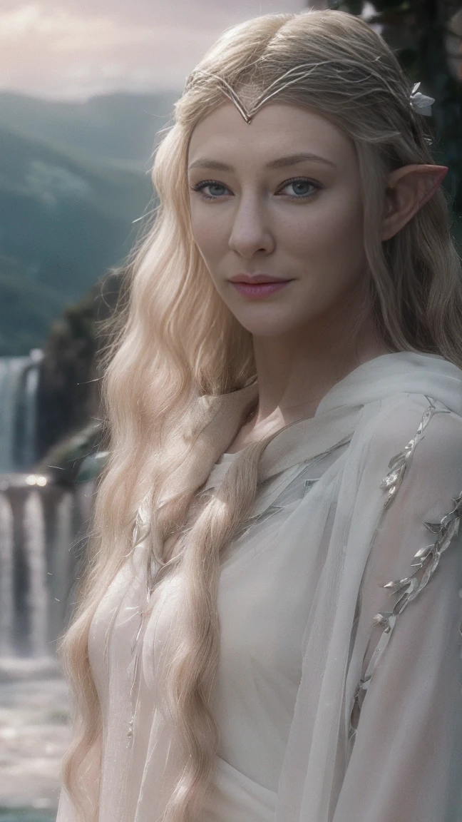 Galadriel elf, white wavy very long hair, cinematic, with Rivendale in the background