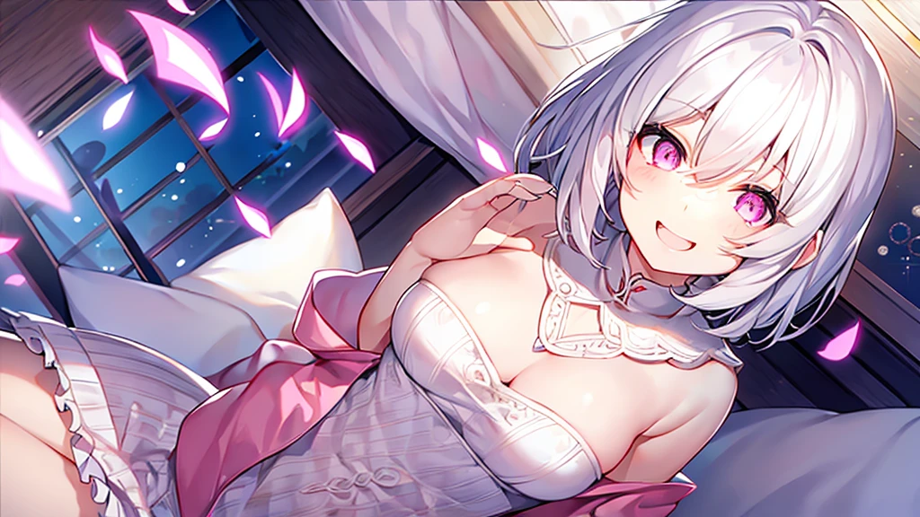 White Hair、Pink Eyes、Short Hair、laughing、Only one girl、alone、Cute、Face is close、laughing、Night、Lying in bed