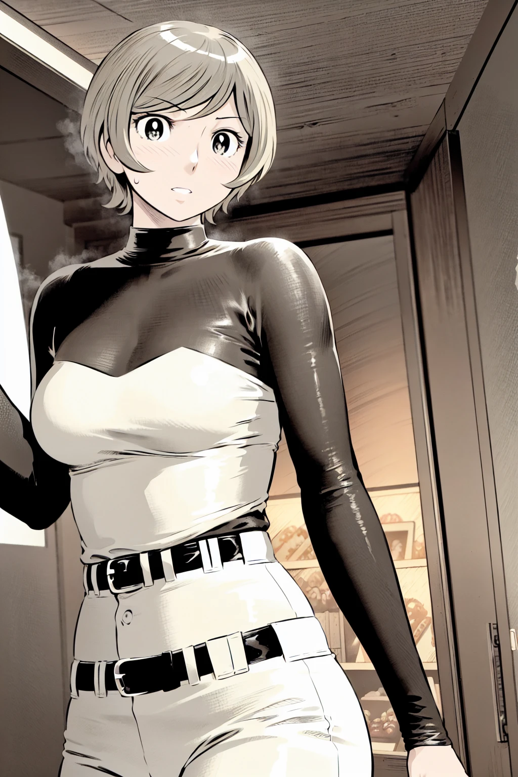 (野球uniform:1.2),
blonde, (short hair:1.2),Long sleeve, Black Shirt, turtleneck,White trousers、uniform、Black belt、((Illustration of people))、big 、Covered in mud、Soil stains、ドロドロのuniform、
View your viewers,, (Highest quality:1.3),One Girl, White pants、uniform、Outdoor、baseball ground、ground、soil、blue eyes、Tight black shirt、(masterpiece、Highest quality)、Highest quality, Ultra-high resolution, (((masterpiece))), alone, Sweat、big eyes、big Breasts、Torn clothes、 Fully exposed、Nipples、One Girl, Front view、Embarrassed face、Bronze colored hair、((short hair))、Stand up straight、Cowboy Shot