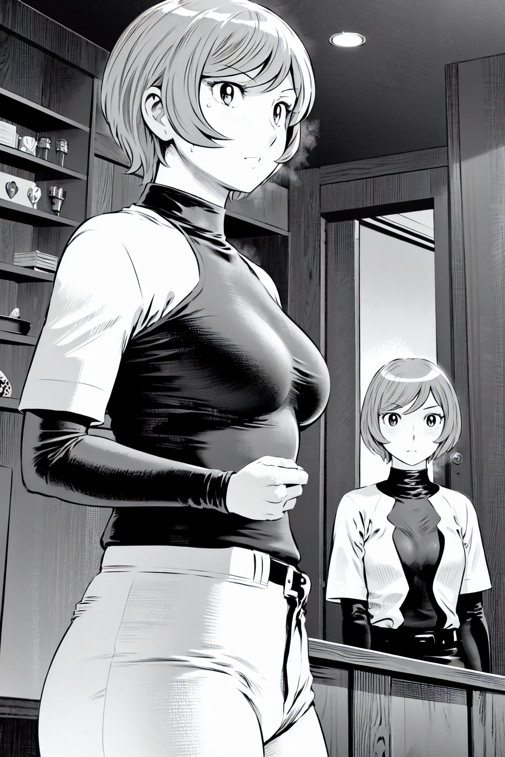 、(masterpiece、Highest quality)、Highest quality, Ultra-high resolution, (((masterpiece))), alone, Sweat、Big eyes,Tight black shirt、Tight white pants、belt、indoor、Composition from the front、（Cut the back hair short、short hair、blonde、woman）、Shortcuts、Embarrassed face、Cut your hair short、可愛いwomanの子、Big Breasts、Inside the room、Full Color、Baseball uniform