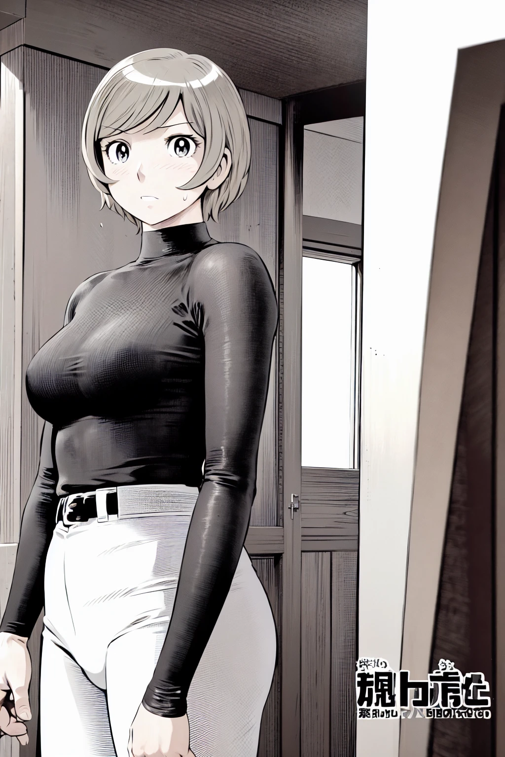 、(masterpiece、Highest quality)、Highest quality, Ultra-high resolution, (((masterpiece))), alone, Sweat、Big eyes,Tight black shirt、Tight white pants、belt、indoor、Composition from the front、(Cut the back hair short、short hair、blonde、woman)、Shortcuts、Embarrassed face、Cut your hair short、可愛いwomanの子、Big Breasts、Inside the room、Full Color、Baseball uniform