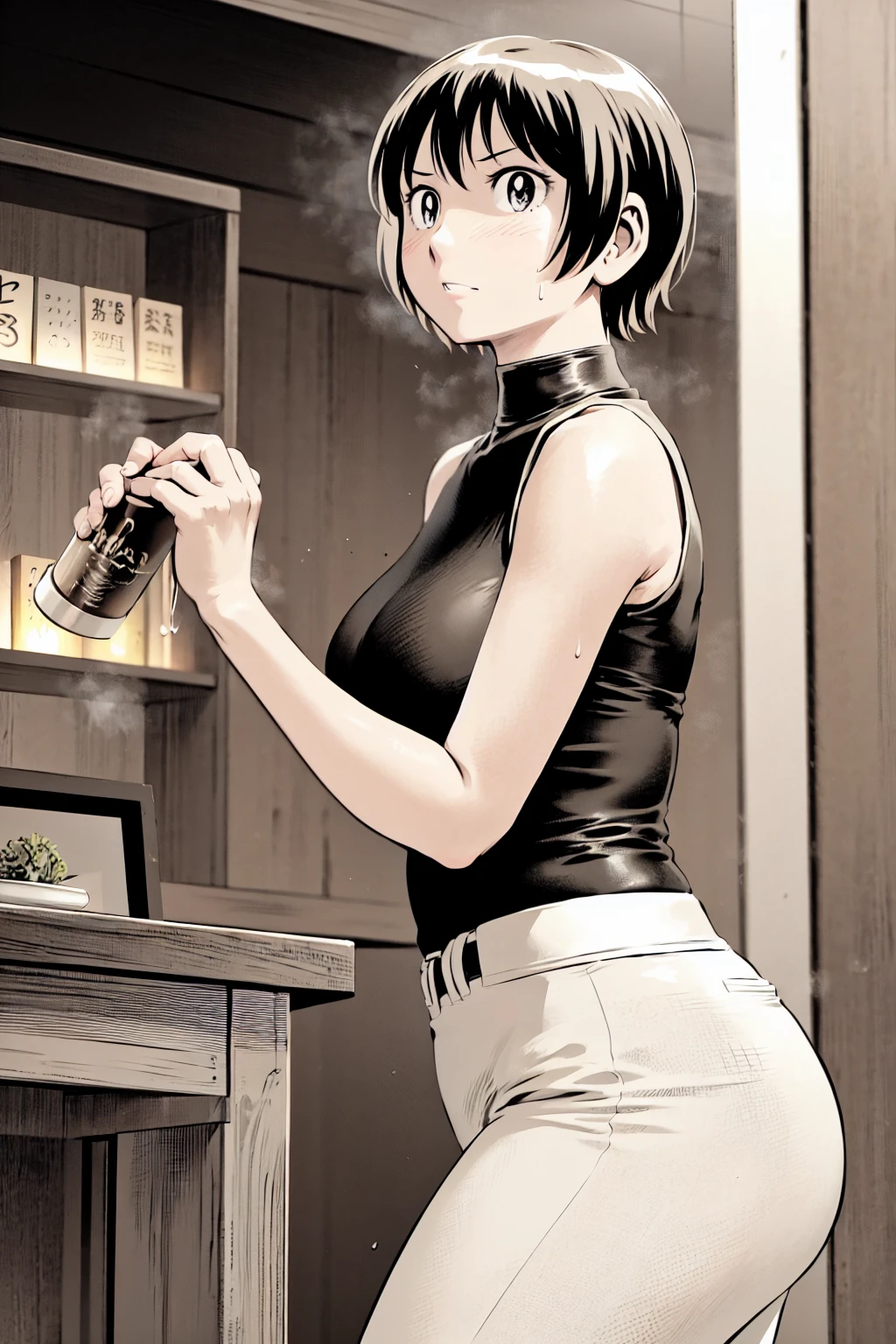 、(masterpiece、Highest quality)、Highest quality, Ultra-high resolution, (((masterpiece))), alone, Sweat、Big eyes, Composition from the front、Shortcuts、Embarrassed face、Bronze colored hair、Cut the back hair short、Bathroom、Shower scene、 Expose、Completely naked、pubic hair、belly button、Large areola、Nipples、short hair