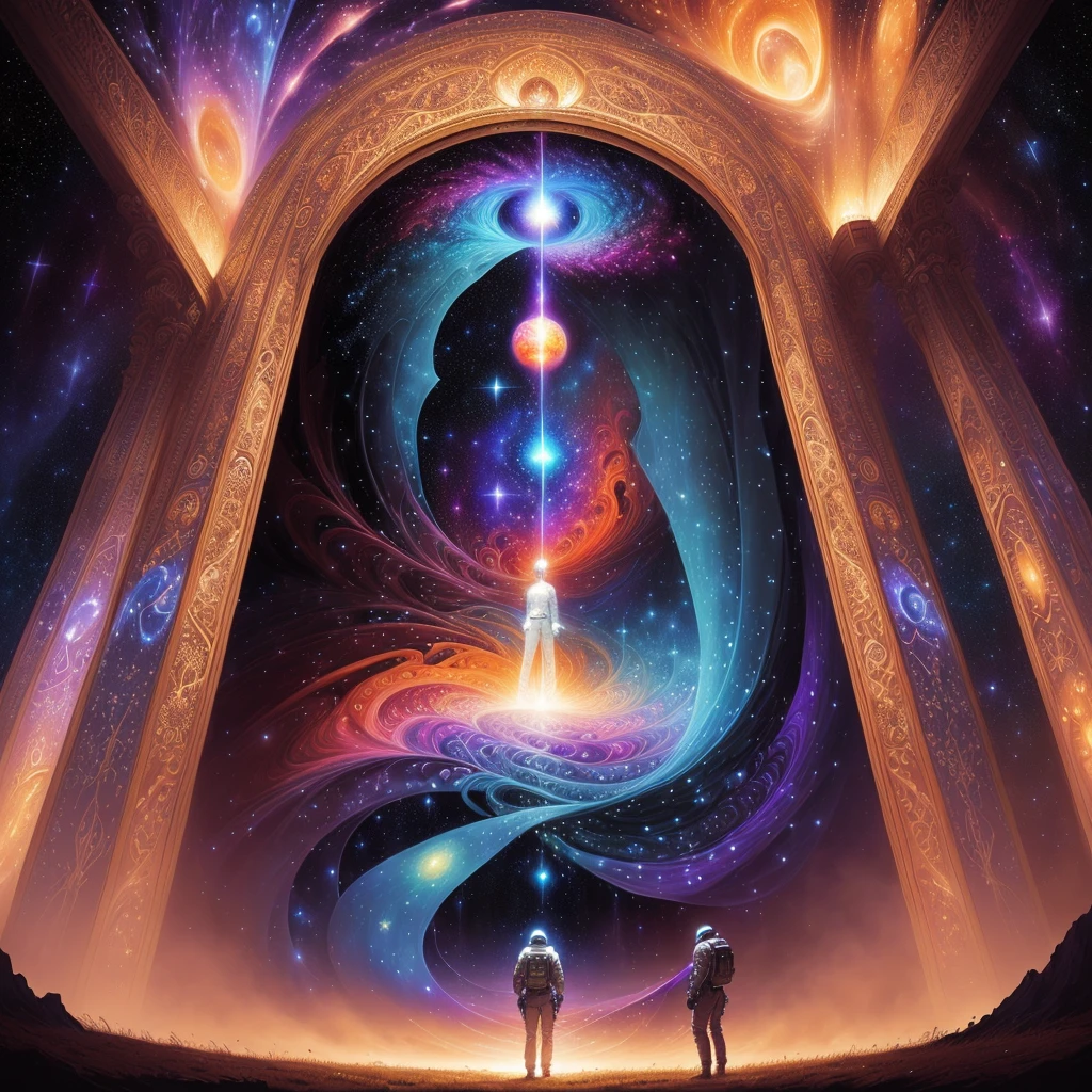 a man standing on a path in a field, astronaut, cosmic, deep mathematical formula heaven, science fiction art, in the starry realm, fantasy art style, fantasy art, by Johfra Bosschart, psychedelic artwork, inspired by Johfra Bosschart, ascending universe, creation of the universe, dmt art