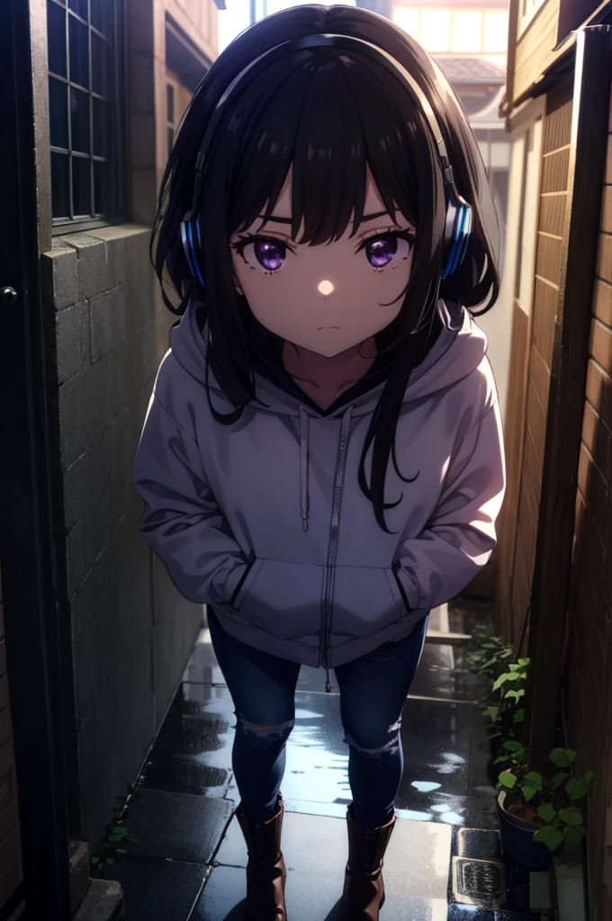 Takiuchikami, Check it out, Long Hair, bangs, Black Hair, (Purple eyes:1.2),Oversized blue hoodie,Wired headphones,jeans,short boots,Standing leaning against a wall,Hiding in a roofed building,whole bodyがイラストに入るように,rain,cloudy,night,
break outdoors, Building district,
break looking at viewer, whole body,
break (masterpiece:1.2), Highest quality, High resolution, unity 8k wallpaper, (figure:0.8), (Beautiful attention to detail:1.6), Highly detailed face, Perfect lighting, Highly detailed CG, (Perfect hands, Perfect Anatomy),