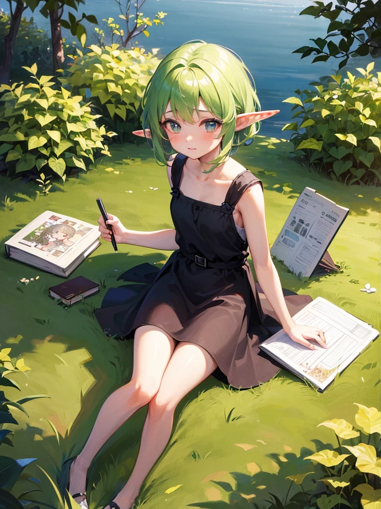 High resolution, 8K Ultra HD, ((one girl)), ((chibi style)), A small elf girl is holding a sketchbook with pictures. The sketchbook had a very detailed and accurate pencil drawing of a cat.