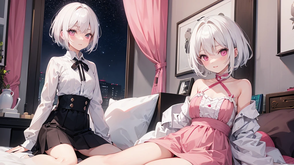 White Hair Girl、Pink Eyes、Short Hair、Only one girl、Night、In the bedroom、Blushing、laughing、Excited、Just One、Sitting on the bed