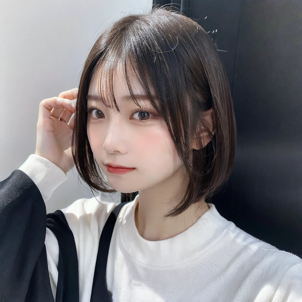 Visual blockbuster on the theme of hairstyle, Chinese girl with short hair, fashionable clothing with light hair, Chinese girl looking frontally at the camera, without makeup highlighting the texture and pores of facial skin, full color picture, close up - white solid background