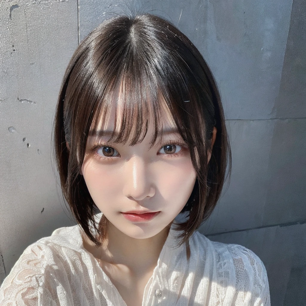 Visual blockbuster on the theme of hairstyle, Chinese girl with short hair, fashionable clothing with light hair, Chinese girl looking frontally at the camera, without makeup highlighting the texture and pores of facial skin, full color picture, close up - white solid background
