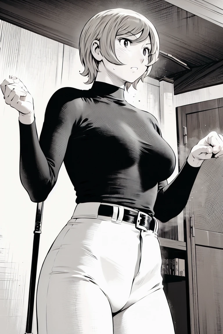 、(masterpiece、Highest quality)、Highest quality, Ultra-high resolution, (((masterpiece))), alone, Sweat、Big eyes,Tight black shirt、Tight white pants、belt、indoor、Composition from the front、(Cut the back hair short、short hair、blonde、woman)、Shortcuts、Embarrassed face、Cut your hair short、可愛いwomanの子、Big Breasts、Inside the room、Full Color、Baseball uniform