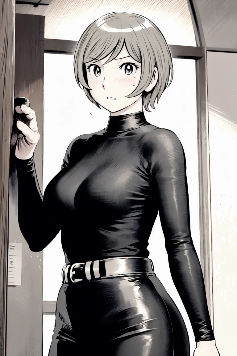、(masterpiece、Highest quality)、Highest quality, Ultra-high resolution, (((masterpiece))), alone, Sweat、Big eyes,Tight black shirt、Tight white pants、belt、indoor、Composition from the front、(Cut the back hair short、short hair、blonde、woman)、Shortcuts、Embarrassed face、Cut your hair short、可愛いwomanの子、Big Breasts、Inside the room、Full Color、Baseball uniform