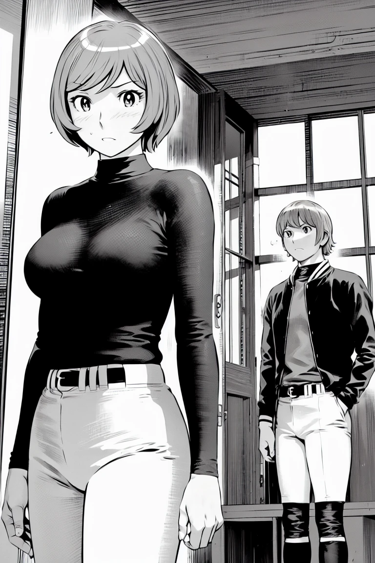 、(masterpiece、Highest quality)、Highest quality, Ultra-high resolution, (((masterpiece))), alone, Sweat、Big eyes,Tight black shirt、Tight white pants、belt、indoor、Composition from the front、（Cut the back hair short、short hair、blonde、woman）、Shortcuts、Embarrassed face、Cut your hair short、可愛いwomanの子、Big Breasts、Inside the room、Full Color、Baseball uniform