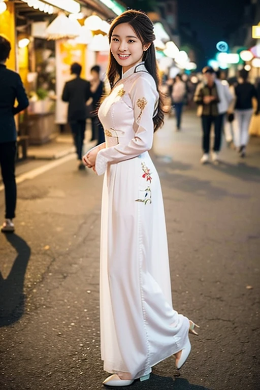 (a beautiful young lady, age 18, Vietnamese traditional dress Ao Dai, walking in Hanoi night market, friendly expression, dimpled smile, cute snaggle-tooth,  beautiful detailed face, beautiful detailed eyes, ample round bosom, photorealistic, hyper-realism, high contrast, ultra HD, realistic skin textures, top image quality, top-quality, super high resolution, fine details, very meticulously, masterpiece, head to feet, full body shot, blissful atmosphere, bokeh background)