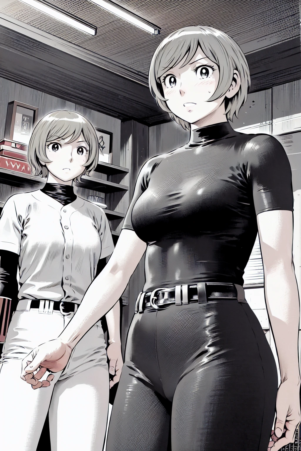 、(masterpiece、Highest quality)、Highest quality, Ultra-high resolution, (((masterpiece))), alone, Sweat、Big eyes,Tight black shirt、Tight white pants、belt、indoor、Composition from the front、（Cut the back hair short、short hair、blonde、woman）、Shortcuts、Embarrassed face、Cut your hair short、可愛いwomanの子、Big Breasts、Inside the room、Full Color、Baseball uniform