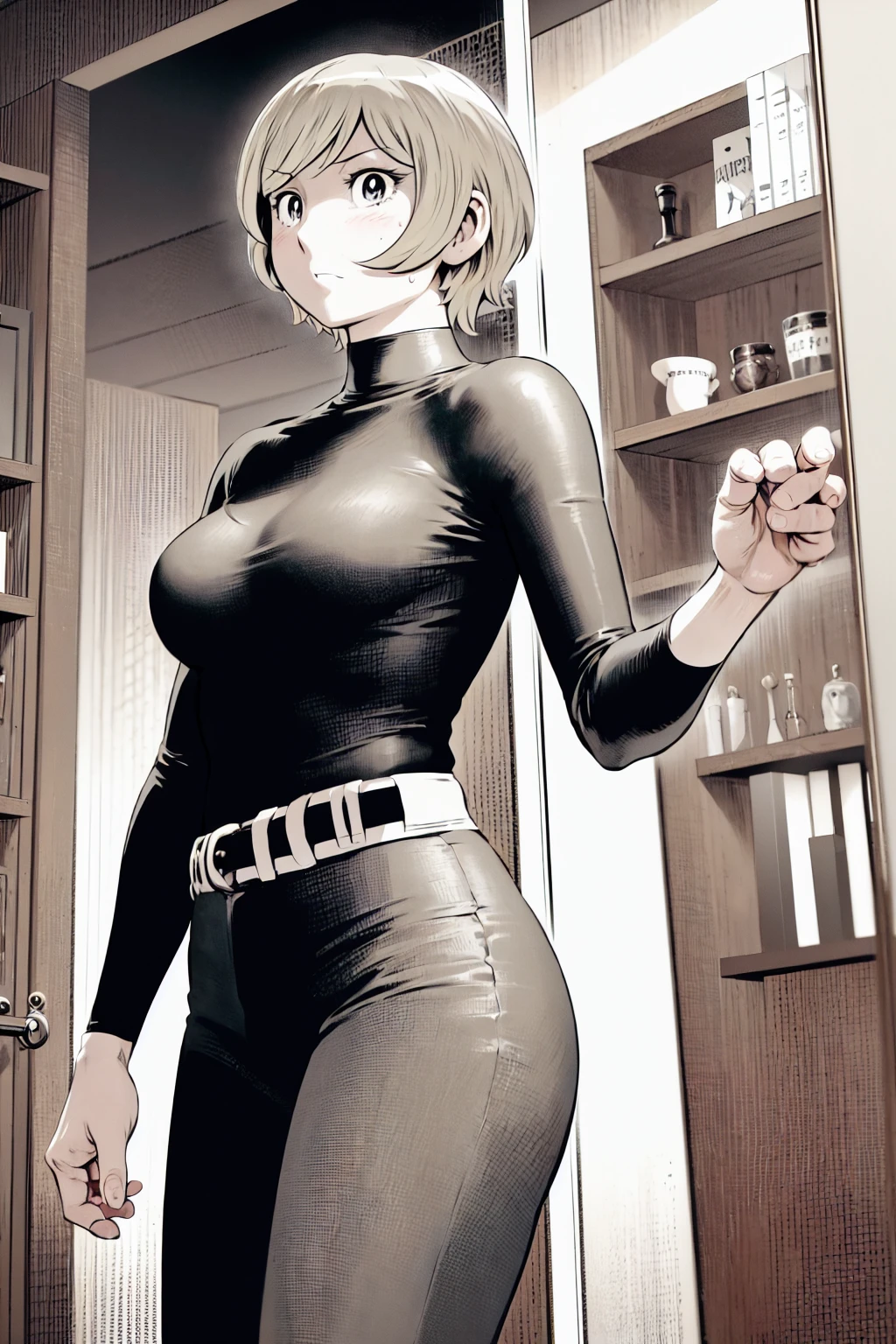 、(masterpiece、Highest quality)、Highest quality, Ultra-high resolution, (((masterpiece))), alone, Sweat、Big eyes,Tight black shirt、Tight white pants、belt、indoor、Composition from the front、（Cut the back hair short、short hair、blonde、woman）、Shortcuts、Embarrassed face、Cut your hair short、可愛いwomanの子、Big Breasts、Inside the room、Full Color、Baseball uniform