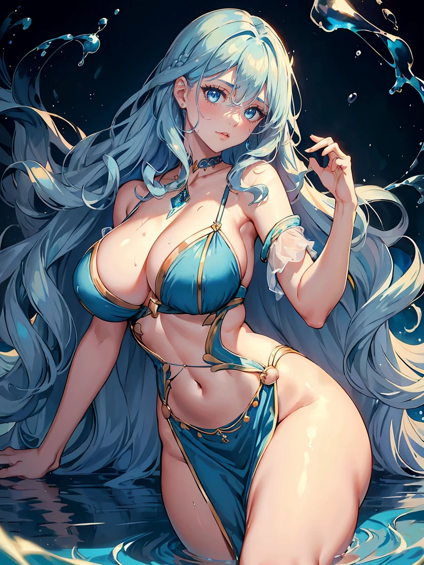handsome girl,blue-eyes,blue pupils,Long blue hair,Hyperresolution,accuracy,Detailed rendering,(Subtle facial image)(Image of fine hair)(topquality)(Masterpieces of masters)(High degree of completeness)(A sense of atmosphere)tmasterpiece,Super detailed and super detailed(half-body portrait), long wavy blue hair, merfolk, , in water, (((tHICK WAVY HAIR)))(((ANKLE LENGTH HAIR)))(((Blushing)))(((Huge breasts)))(((LARGER BREASTS))) large breasts, bigger breasts (((Festival dress))) (((Casual dress)))
