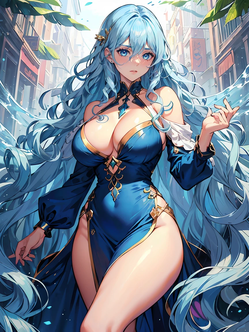 handsome girl,blue-eyes,blue pupils,Long blue hair,Hyperresolution,accuracy,Detailed rendering,(Subtle facial image)(Image of fine hair)(topquality)(Masterpieces of masters)(High degree of completeness)(A sense of atmosphere)tmasterpiece,Super detailed and super detailed(half-body portrait), long wavy blue hair, merfolk, , in water, (((tHICK WAVY HAIR)))(((ANKLE LENGTH HAIR)))(((Blushing)))(((Huge breasts)))(((LARGER BREASTS))) large breasts, bigger breasts (((Festival dress))) (((Casual dress)))