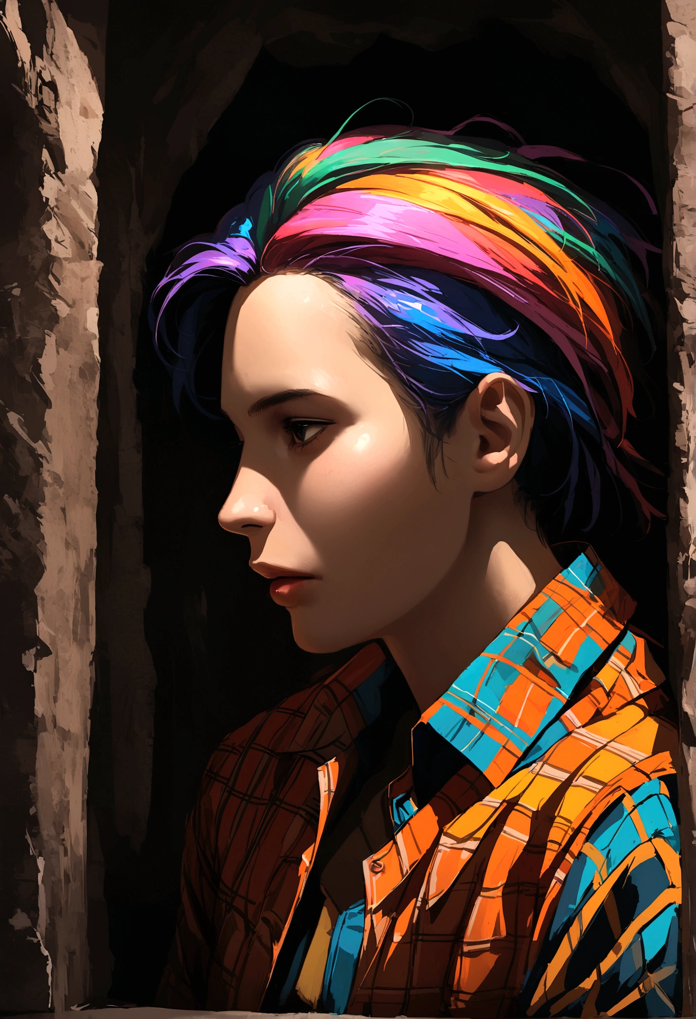 arafed man in a plaid shirt standing in a cave, a portrait inspired by Rudy Siswanto, pixabay contest winner, digital art, in a cave, headshot profile picture, mid shot portrait, photo portrait, nivanh chanthara, in dark cave, dramatic portraiture of uuen, profile portrait, andrew thomas huang, headshot photo