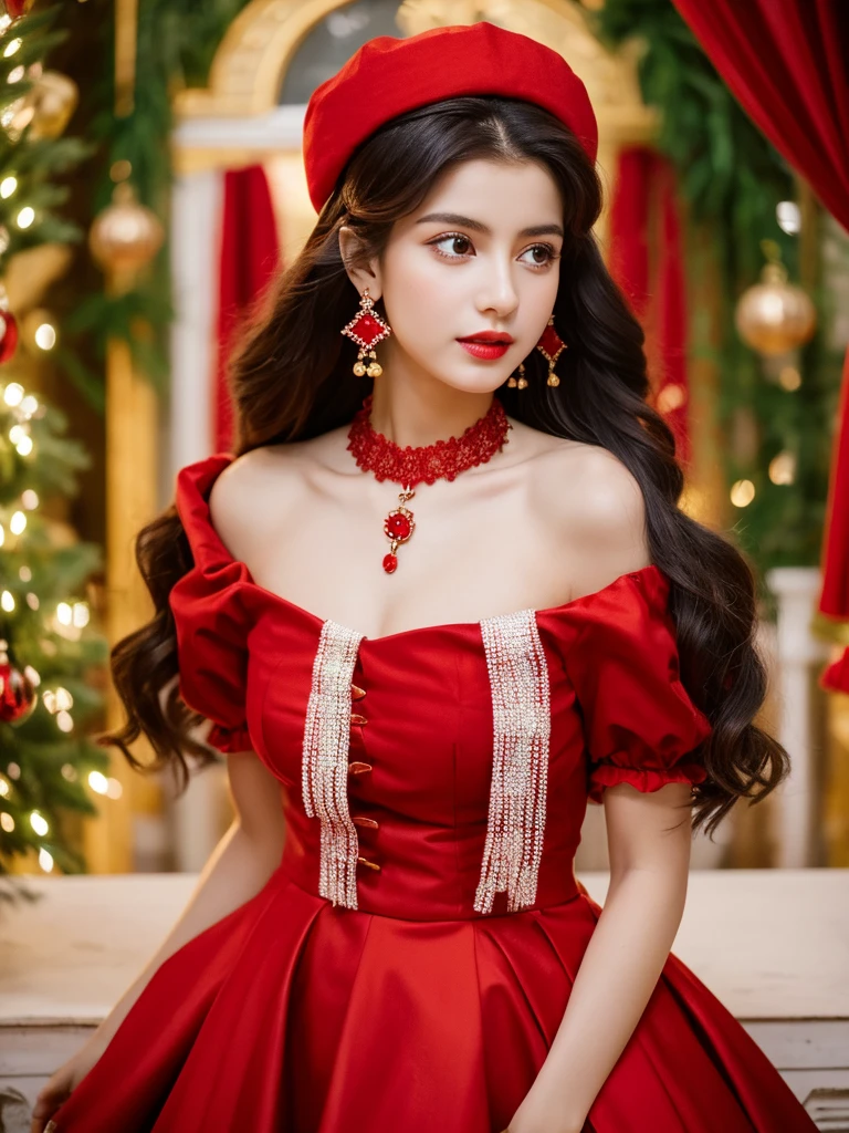 、Highest quality , sexy, Ultra-high resolution, RAW Photos, girl, indoor, White skin, Long Hair ,whole body,Black Hair、Red color clothes、Cameroon national costume、Red color crown、Red Necklace、Red wrist ornament、Red earrings、