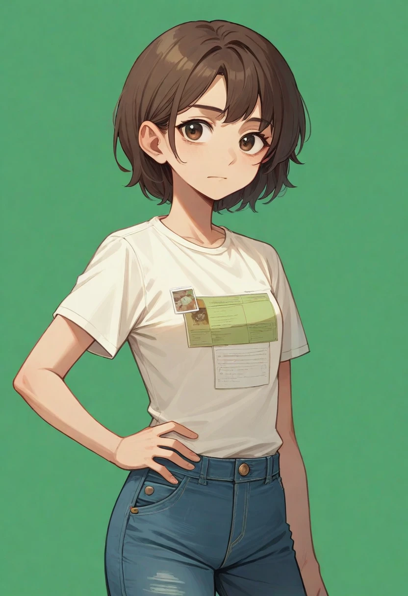 best quality, masterpiece, Upper Body, Miss, Normal proportion,Looking straight at the camera,Akimbo,Brown medium-length hair,White T-shirt,Denim work pants,confidence,Green Background,Medium shot,Game texture,lifelike,4K