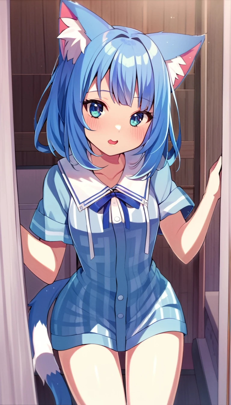 one girl, cat ears, pure. naive, cute, blue hair, innocent, cowboy shot
