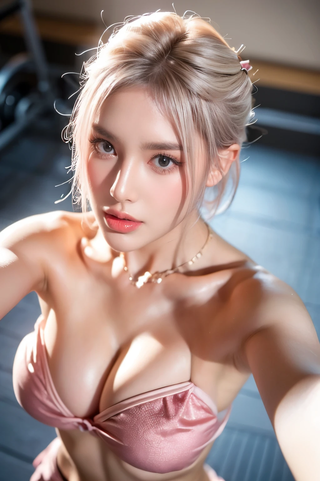 (selfie, top view: 1.4), (full of the body: 1.4), RAW UHD portrait photo of a woman, light pink hair, (blue-eyed woman) large breasts, (bikini), behind her is gym, glossy eyes with high detail (looking at the camera).