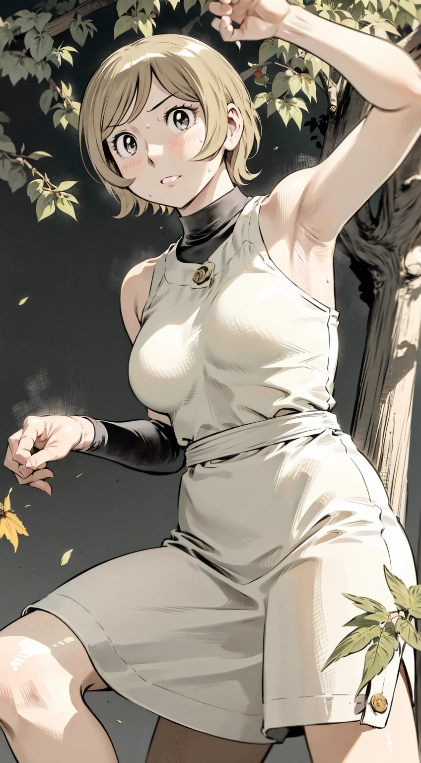 、(masterpiece、Highest quality)、Highest quality, Ultra-high resolution, (((masterpiece))), alone, Sweat、Big eyes, Please show me your armpits, No sleeve、Outdoor、Floral dress、Composition from the front、(Cut the back hair short、short hair、blonde、woman)、Shortcuts、Embarrassed face、Cut your hair short、可愛いwomanの子、Big Breasts