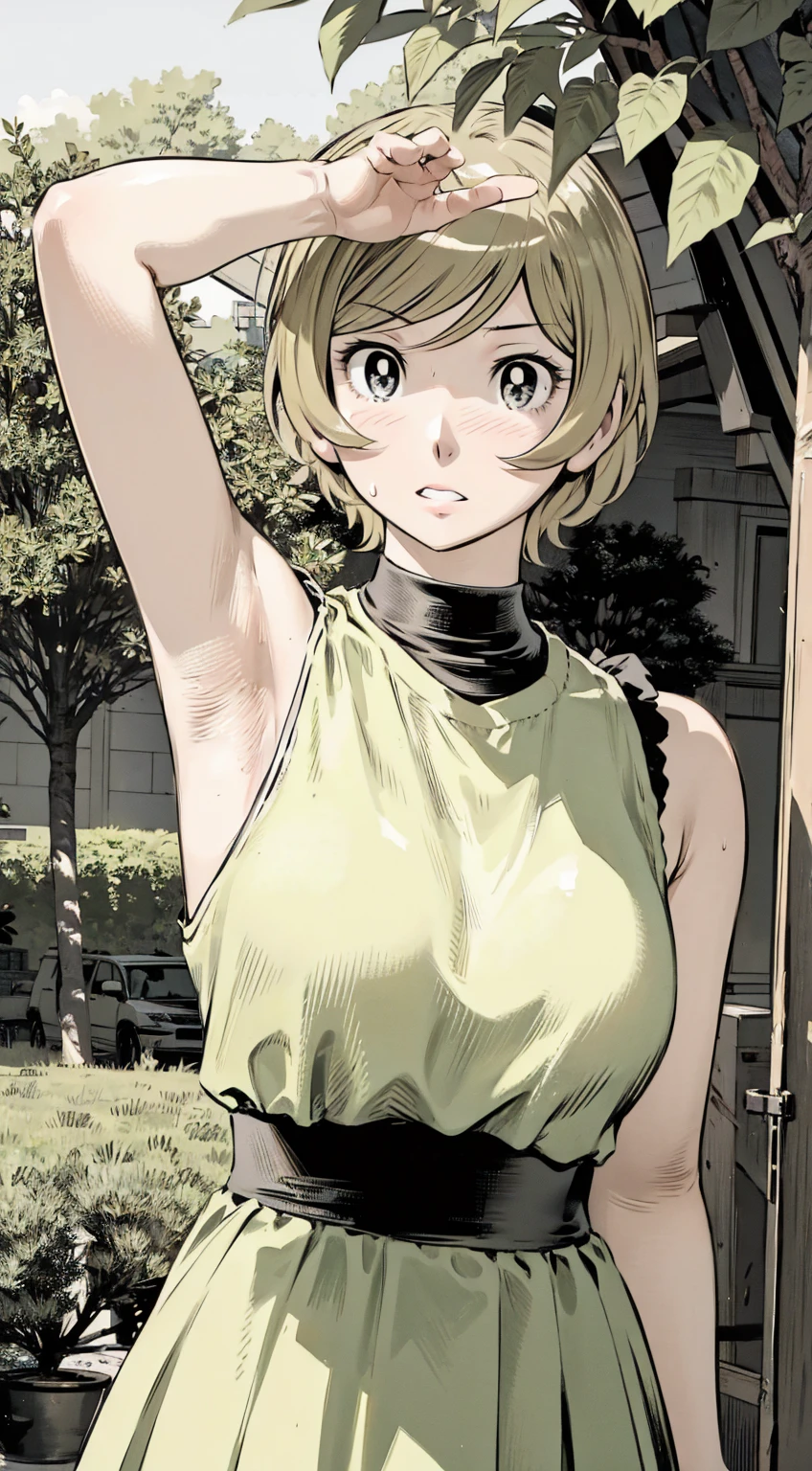 、(masterpiece、Highest quality)、Highest quality, Ultra-high resolution, (((masterpiece))), alone, Sweat、Big eyes, Please show me your armpits, No sleeve、Outdoor、Floral dress、Composition from the front、（Cut the back hair short、short hair、blonde、woman）、Shortcuts、Embarrassed face、Cut your hair short、可愛いwomanの子、Big Breasts