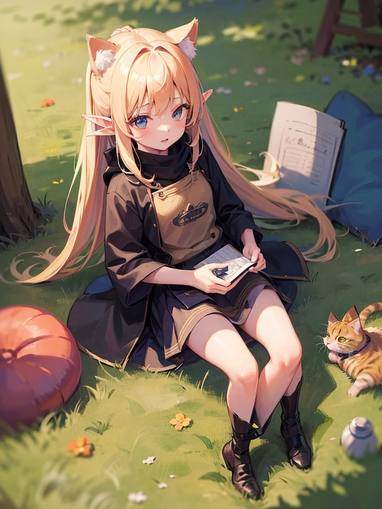High resolution, 8K Ultra HD, ((one girl)), ((chibi style)), A small elf girl is holding a sketchbook with pictures. The sketchbook had a very detailed and accurate pencil drawing of a cat.