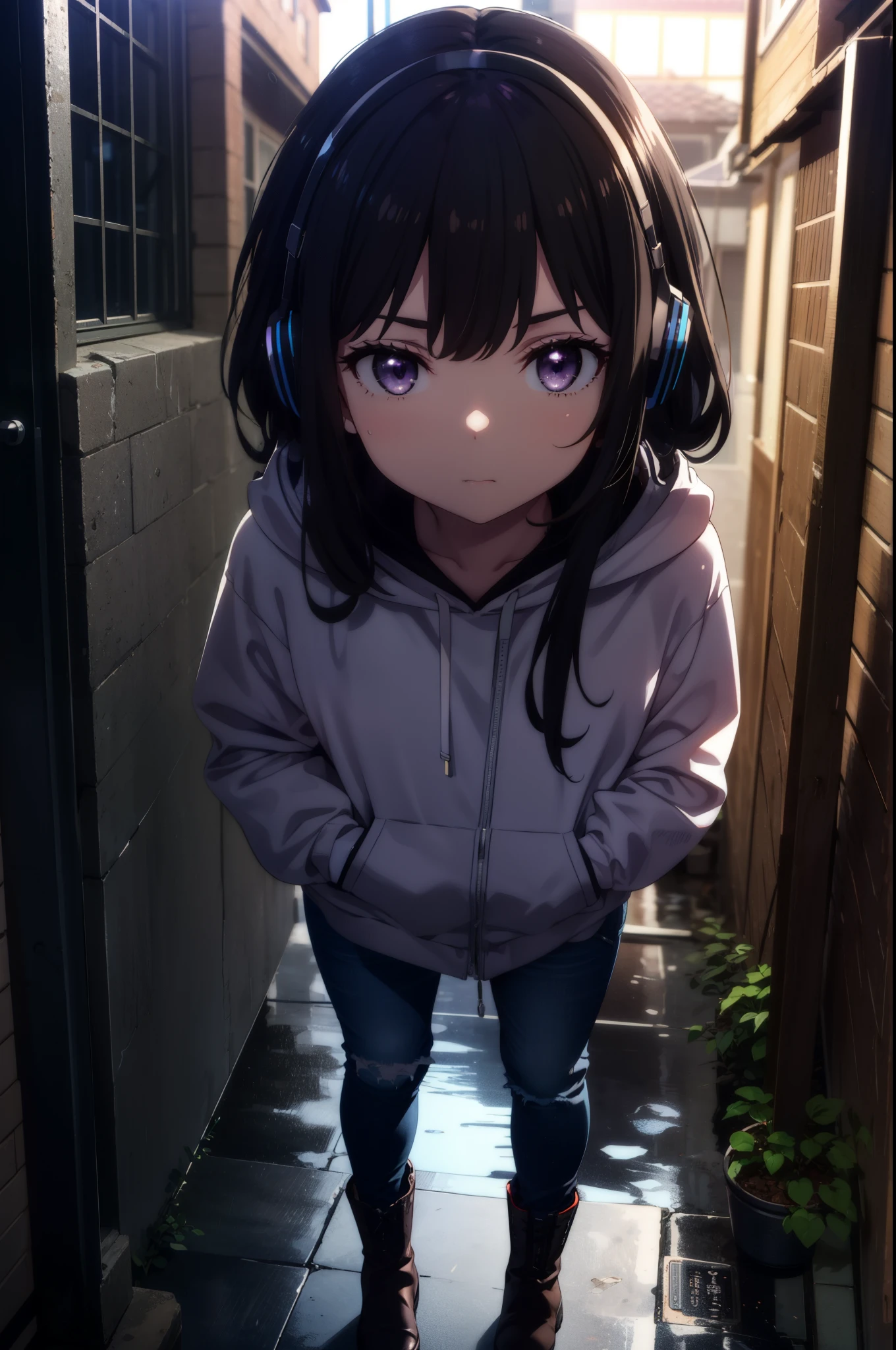 Takiuchikami, Check it out, Long Hair, bangs, Black Hair, (Purple eyes:1.2),Oversized blue hoodie,Wired headphones,jeans,short boots,Standing leaning against a wall,Hiding in a roofed building,whole bodyがイラストに入るように,rain,cloudy,night,
break outdoors, Building district,
break looking at viewer, whole body,
break (masterpiece:1.2), Highest quality, High resolution, unity 8k wallpaper, (figure:0.8), (Beautiful attention to detail:1.6), Highly detailed face, Perfect lighting, Highly detailed CG, (Perfect hands, Perfect Anatomy),